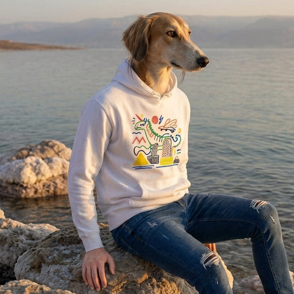 Person wearing a hoodie with a colorful design sitting on rocks by a body of water.