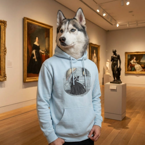Person wearing a dog head mask in an art gallery with classical paintings and sculptures.